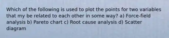 Which of the following is used to plot the points for two variables that my be related to each other in some way? a) Force-field analysis b) Pareto chart c) Root cause analysis d) Scatter diagram