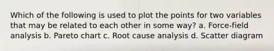 Which of the following is used to plot the points for two variables that may be related to each other in some way? a. Force-field analysis b. Pareto chart c. Root cause analysis d. Scatter diagram