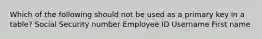 Which of the following should not be used as a primary key in a table? Social Security number Employee ID Username First name