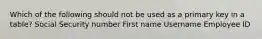 Which of the following should not be used as a primary key in a table? Social Security number First name Username Employee ID