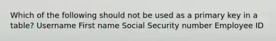 Which of the following should not be used as a primary key in a table? Username First name Social Security number Employee ID