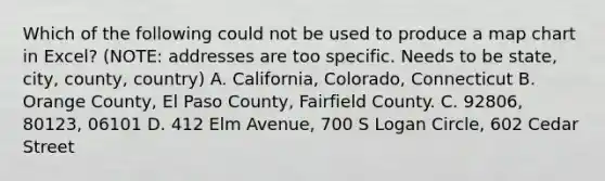 Which of the following could not be used to produce a map chart in Excel? (NOTE: addresses are too specific. Needs to be state, city, county, country) A. California, Colorado, Connecticut B. Orange County, El Paso County, Fairfield County. C. 92806, 80123, 06101 D. 412 Elm Avenue, 700 S Logan Circle, 602 Cedar Street