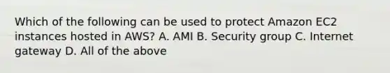 Which of the following can be used to protect Amazon EC2 instances hosted in AWS? A. AMI B. Security group C. Internet gateway D. All of the above