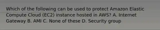 Which of the following can be used to protect Amazon Elastic Compute Cloud (EC2) instance hosted in AWS? A. Internet Gateway B. AMI C. None of these D. Security group