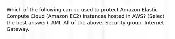 Which of the following can be used to protect Amazon Elastic Compute Cloud (Amazon EC2) instances hosted in AWS? (Select the best answer). AMI. All of the above. Security group. Internet Gateway.