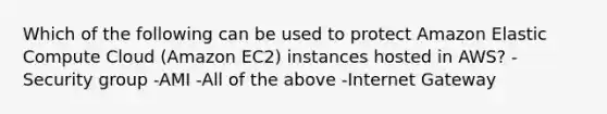 Which of the following can be used to protect Amazon Elastic Compute Cloud (Amazon EC2) instances hosted in AWS? -Security group -AMI -All of the above -Internet Gateway