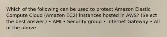 Which of the following can be used to protect Amazon Elastic Compute Cloud (Amazon EC2) instances hosted in AWS? (Select the best answer.) • AMI • Security group • Internet Gateway • All of the above