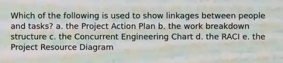 Which of the following is used to show linkages between people and tasks? a. the Project Action Plan b. the work breakdown structure c. the Concurrent Engineering Chart d. the RACI e. the Project Resource Diagram