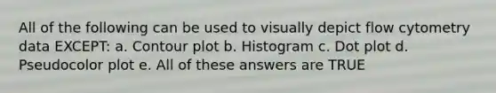 All of the following can be used to visually depict flow cytometry data EXCEPT: a. Contour plot b. Histogram c. Dot plot d. Pseudocolor plot e. All of these answers are TRUE