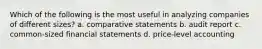 Which of the following is the most useful in analyzing companies of different sizes? a. comparative statements b. audit report c. common-sized financial statements d. price-level accounting