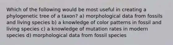 Which of the following would be most useful in creating a phylogenetic tree of a taxon? a) morphological data from fossils and living species b) a knowledge of color patterns in fossil and living species c) a knowledge of mutation rates in modern species d) morphological data from fossil species