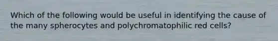 Which of the following would be useful in identifying the cause of the many spherocytes and polychromatophilic red cells?