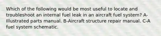 Which of the following would be most useful to locate and troubleshoot an internal fuel leak in an aircraft fuel system? A-Illustrated parts manual. B-Aircraft structure repair manual. C-A fuel system schematic.