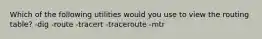 Which of the following utilities would you use to view the routing table? -dig -route -tracert -traceroute -mtr