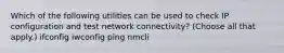 Which of the following utilities can be used to check IP configuration and test network connectivity? (Choose all that apply.) ifconfig iwconfig ping nmcli