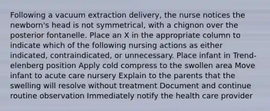 Following a vacuum extraction delivery, the nurse notices the newborn's head is not symmetrical, with a chignon over the posterior fontanelle. Place an X in the appropriate column to indicate which of the following nursing actions as either indicated, contraindicated, or unnecessary. Place infant in Trend-elenberg position Apply cold compress to the swollen area Move infant to acute care nursery Explain to the parents that the swelling will resolve without treatment Document and continue routine observation Immediately notify the health care provider
