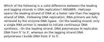 Which of the following is a valid difference between the leading and lagging strands in DNA replication? ANSWER: -Helicase opens the leading strand of DNA at a faster rate than the lagging strand of DNA. -Following DNA replication, RNA primers are fully removed by the enzyme DNA ligase. -On the leading strand, only a single RNA primer is needed to initiate continuous DNA synthesis. -On the leading strand, DNA polymerase III replicates DNA from 5' to 3', whereas on the lagging strand DNA polymerase I builds DNA from 3' to 5'.