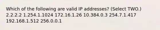 Which of the following are valid IP addresses? (Select TWO.) 2.2.2.2 1.254.1.1024 172.16.1.26 10.384.0.3 254.7.1.417 192.168.1.512 256.0.0.1