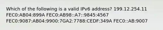 Which of the following is a valid IPv6 address? 199.12.254.11 FEC0:AB04:899A FEC0:AB98::A7::9845:4567 FEC0:9087:AB04:9900:7GA2:7788:CEDF:349A FEC0::AB:9007