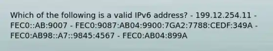 Which of the following is a valid IPv6 address? - 199.12.254.11 - FEC0::AB:9007 - FEC0:9087:AB04:9900:7GA2:7788:CEDF:349A - FEC0:AB98::A7::9845:4567 - FEC0:AB04:899A