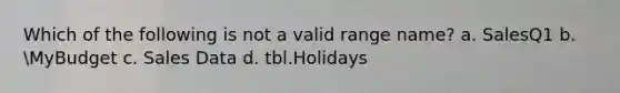 Which of the following is not a valid range name? a. SalesQ1 b. MyBudget c. Sales Data d. tbl.Holidays