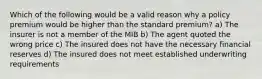 Which of the following would be a valid reason why a policy premium would be higher than the standard premium? a) The insurer is not a member of the MIB b) The agent quoted the wrong price c) The insured does not have the necessary financial reserves d) The insured does not meet established underwriting requirements