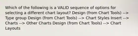 Which of the following is a VALID sequence of options for selecting a different chart layout? Design (from Chart Tools) --> Type group Design (from Chart Tools) --> Chart Styles Insert --> Charts --> Other Charts Design (from Chart Tools) --> Chart Layouts