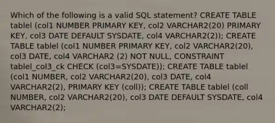 Which of the following is a valid SQL statement? CREATE TABLE tablel (col1 NUMBER PRIMARY KEY, col2 VARCHAR2(20) PRIMARY KEY, col3 DATE DEFAULT SYSDATE, col4 VARCHAR2(2)); CREATE TABLE tablel (col1 NUMBER PRIMARY KEY, col2 VARCHAR2(20), col3 DATE, col4 VARCHAR2 (2) NOT NULL, CONSTRAINT tablel_col3_ck CHECK (col3=SYSDATE)); CREATE TABLE tablel (col1 NUMBER, col2 VARCHAR2(20), col3 DATE, col4 VARCHAR2(2), PRIMARY KEY (coll)); CREATE TABLE tablel (coll NUMBER, col2 VARCHAR2(20), col3 DATE DEFAULT SYSDATE, col4 VARCHAR2(2);