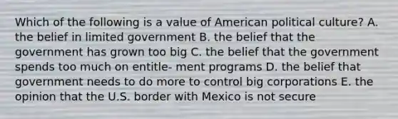 Which of the following is a value of American political culture? A. the belief in limited government B. the belief that the government has grown too big C. the belief that the government spends too much on entitle- ment programs D. the belief that government needs to do more to control big corporations E. the opinion that the U.S. border with Mexico is not secure