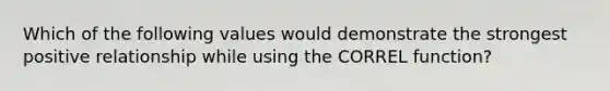 Which of the following values would demonstrate the strongest positive relationship while using the CORREL function?