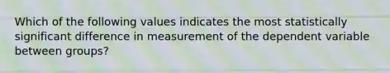 Which of the following values indicates the most statistically significant difference in measurement of the dependent variable between groups?