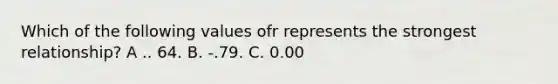 Which of the following values ofr represents the strongest relationship? A .. 64. B. -.79. C. 0.00