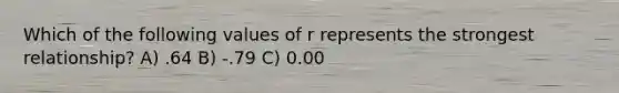 Which of the following values of r represents the strongest relationship? A) .64 B) -.79 C) 0.00