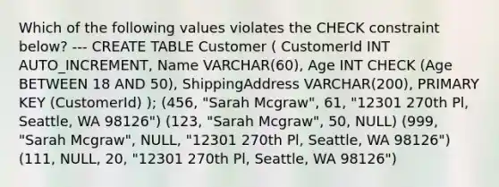 Which of the following values violates the CHECK constraint below? --- CREATE TABLE Customer ( CustomerId INT AUTO_INCREMENT, Name VARCHAR(60), Age INT CHECK (Age BETWEEN 18 AND 50), ShippingAddress VARCHAR(200), PRIMARY KEY (CustomerId) ); (456, "Sarah Mcgraw", 61, "12301 270th Pl, Seattle, WA 98126") (123, "Sarah Mcgraw", 50, NULL) (999, "Sarah Mcgraw", NULL, "12301 270th Pl, Seattle, WA 98126") (111, NULL, 20, "12301 270th Pl, Seattle, WA 98126")