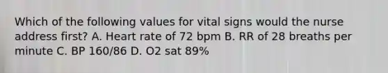 Which of the following values for vital signs would the nurse address first? A. Heart rate of 72 bpm B. RR of 28 breaths per minute C. BP 160/86 D. O2 sat 89%