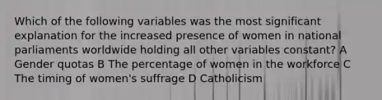 Which of the following variables was the most significant explanation for the increased presence of women in national parliaments worldwide holding all other variables constant? A Gender quotas B The percentage of women in the workforce C The timing of women's suffrage D Catholicism