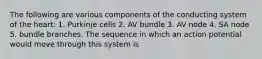 The following are various components of the conducting system of the heart: 1. Purkinje cells 2. AV bundle 3. AV node 4. SA node 5. bundle branches. The sequence in which an action potential would move through this system is