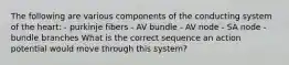 The following are various components of the conducting system of the heart: - purkinje fibers - AV bundle - AV node - SA node - bundle branches What is the correct sequence an action potential would move through this system?