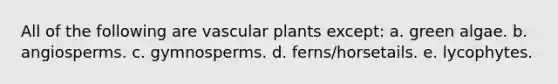 All of the following are vascular plants except: a. green algae. b. angiosperms. c. gymnosperms. d. ferns/horsetails. e. lycophytes.