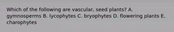 Which of the following are vascular, seed plants? A. gymnosperms B. lycophytes C. bryophytes D. flowering plants E. charophytes