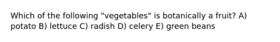 Which of the following "vegetables" is botanically a fruit? A) potato B) lettuce C) radish D) celery E) green beans