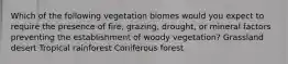 Which of the following vegetation biomes would you expect to require the presence of fire, grazing, drought, or mineral factors preventing the establishment of woody vegetation? Grassland desert Tropical rainforest Coniferous forest