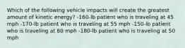 Which of the following vehicle impacts will create the greatest amount of kinetic energy? -160-lb patient who is traveling at 45 mph -170-lb patient who is traveling at 55 mph -150-lb patient who is traveling at 60 mph -180-lb patient who is traveling at 50 mph