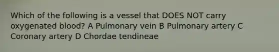 Which of the following is a vessel that DOES NOT carry oxygenated blood? A Pulmonary vein B Pulmonary artery C Coronary artery D Chordae tendineae