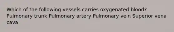 Which of the following vessels carries oxygenated blood? Pulmonary trunk Pulmonary artery Pulmonary vein Superior vena cava