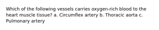 Which of the following vessels carries oxygen-rich blood to the heart muscle tissue? a. Circumflex artery b. Thoracic aorta c. Pulmonary artery