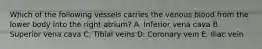 Which of the following vessels carries the venous blood from the lower body into the right atrium? A. Inferior vena cava B. Superior vena cava C. Tibial veins D. Coronary vein E. Iliac vein