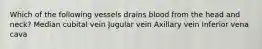 Which of the following vessels drains blood from the head and neck? Median cubital vein Jugular vein Axillary vein Inferior vena cava