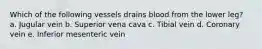 Which of the following vessels drains blood from the lower leg? a. Jugular vein b. Superior vena cava c. Tibial vein d. Coronary vein e. Inferior mesenteric vein