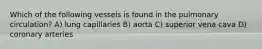 Which of the following vessels is found in the pulmonary circulation? A) lung capillaries B) aorta C) superior vena cava D) coronary arteries
